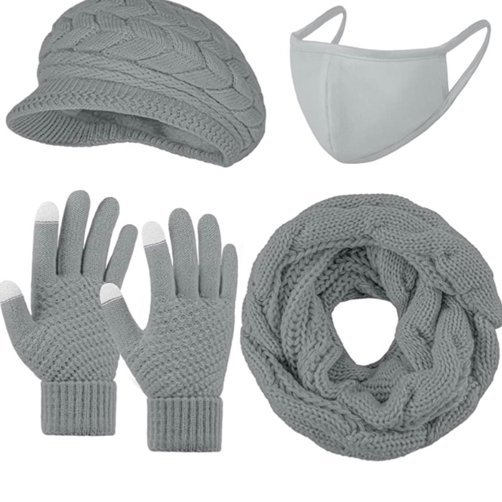 Gray 4 Pieces Women Winter Beanie Hat Scarf Gloves Set Touchscreen glo…​